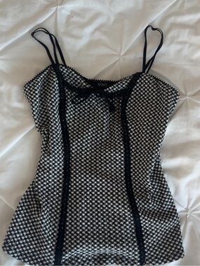 XOXO Vintage Black & White Checked Lace-Trim Spaghetti-Strap Camisole
